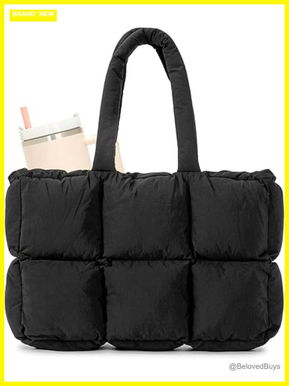 Large Quilted Puffy Tote Handbag Satchel with Cup Holder, Laptop Compartment